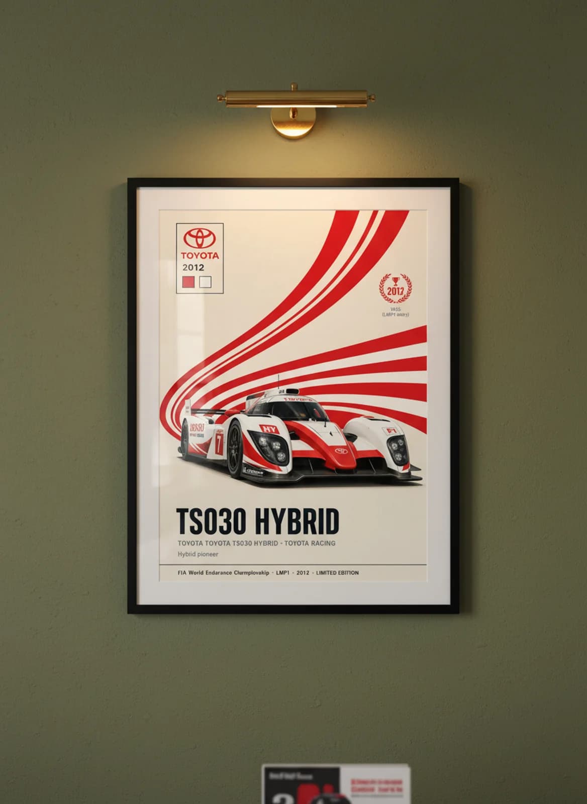 TS030 HYBRID — Toyota #7 WEC Masters endurance print in black A2 frame on racing-red olive wall — WEC Masters mockup