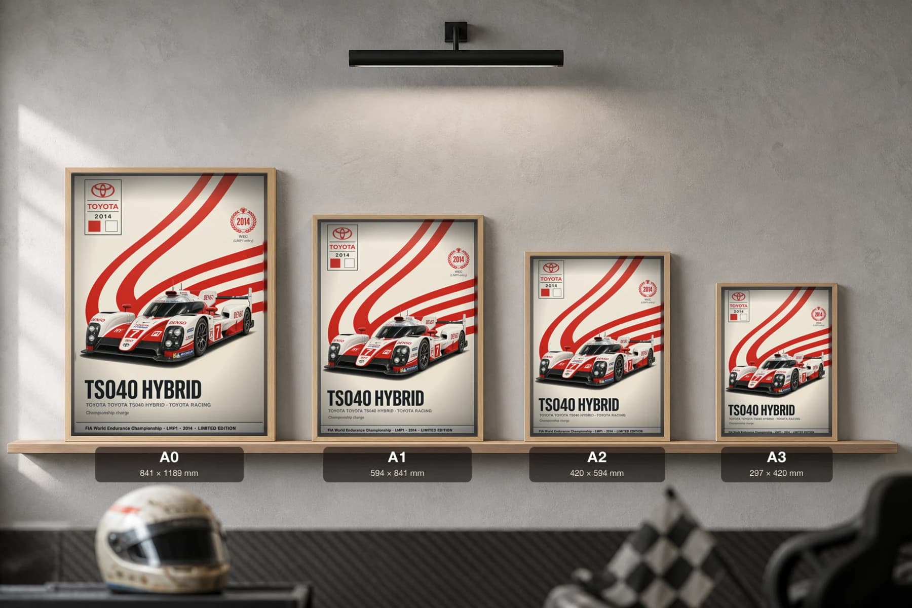 Toyota Racing TS040 Hybrid Poster — 2014 LMP1 WEC racing wall art · #7 · framed A2 — print size guide showing the artwork at A0, A1, A2 and A3 in natural-oak frames at true relative scale