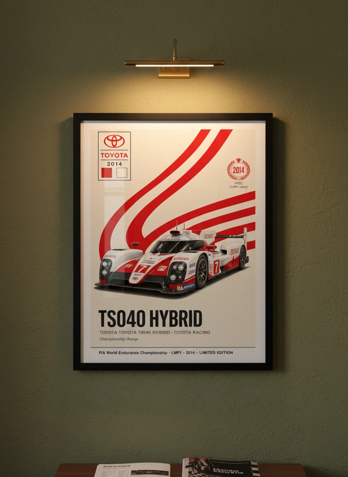 TS040 HYBRID — Toyota #7 WEC Masters endurance print in black A2 frame on racing-red olive wall — WEC Masters mockup