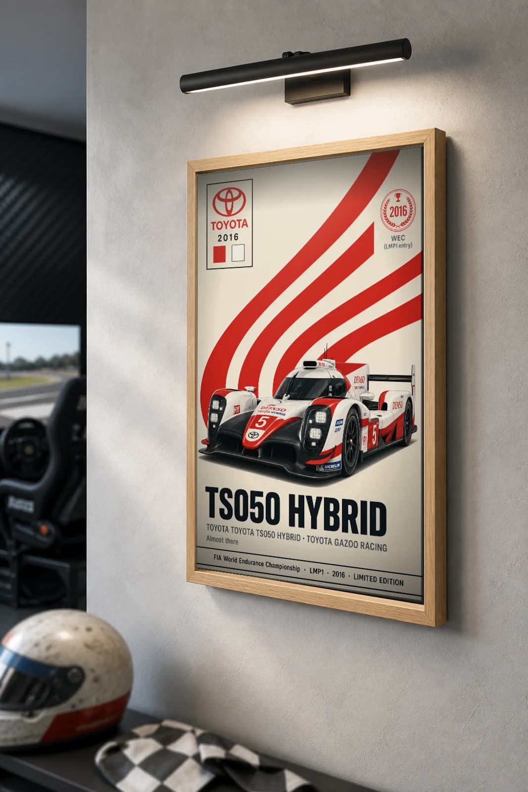 Toyota Gazoo Racing TS050 Hybrid Poster — 2016 LMP1 WEC racing wall art · #5 · framed A2 — the framed print shown at a three-quarter angle on a styled gallery wall in a natural-oak frame