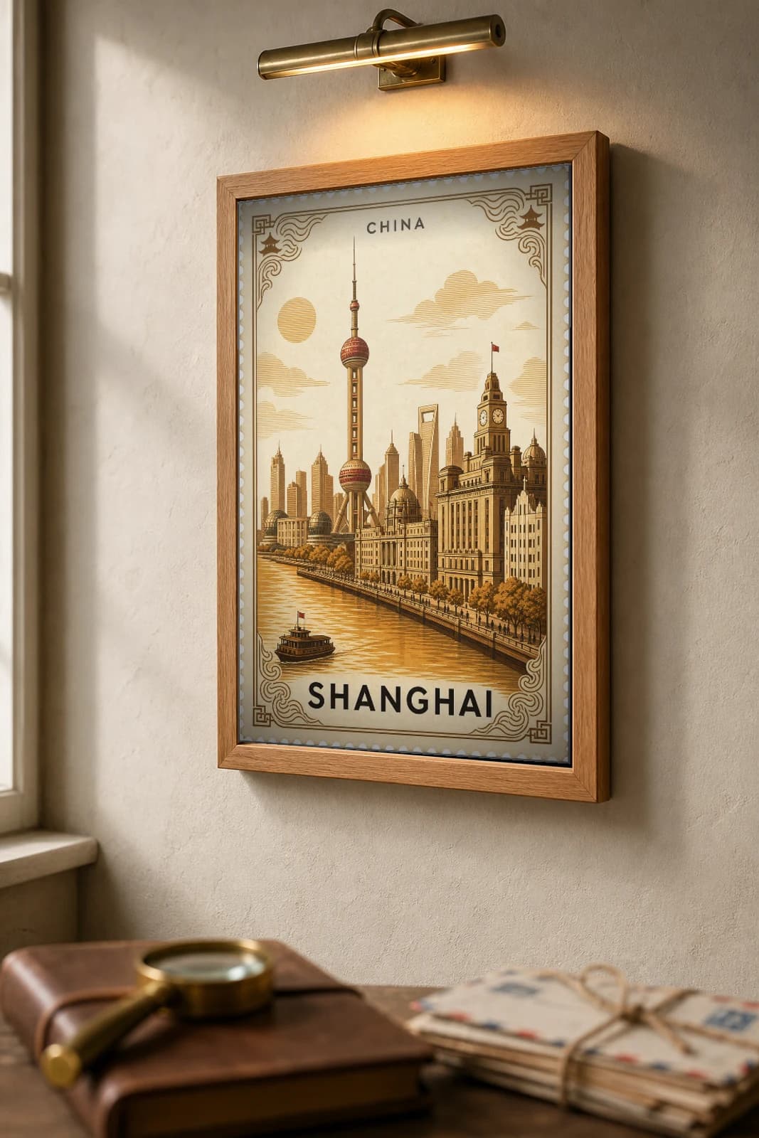 Shanghai City Stamp Poster — China travel wall art · illustrated stamp print · framed A2 — the framed print shown at a three-quarter angle on a styled gallery wall in a natural-oak frame