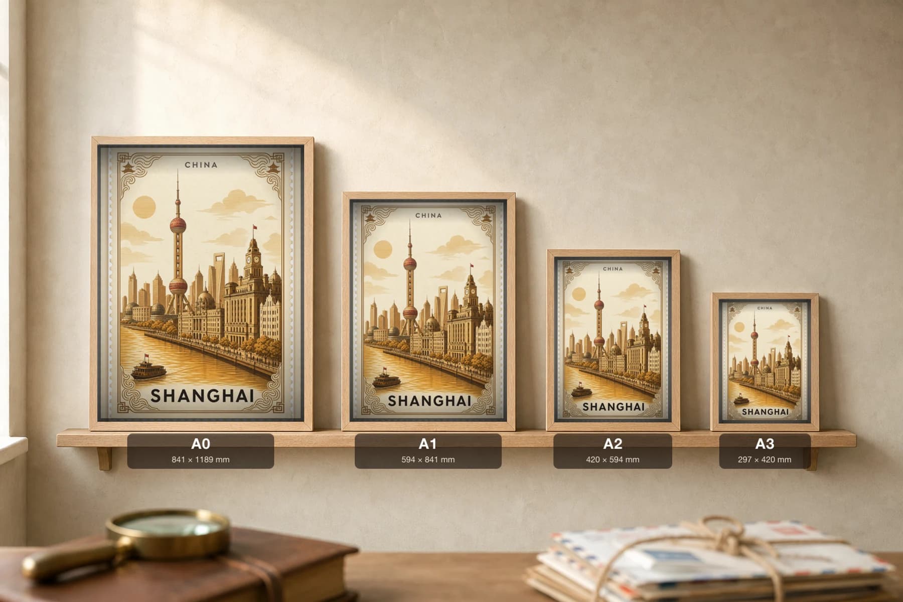 Shanghai City Stamp Poster — China travel wall art · illustrated stamp print · framed A2 — print size guide showing the artwork at A0, A1, A2 and A3 in natural-oak frames at true relative scale