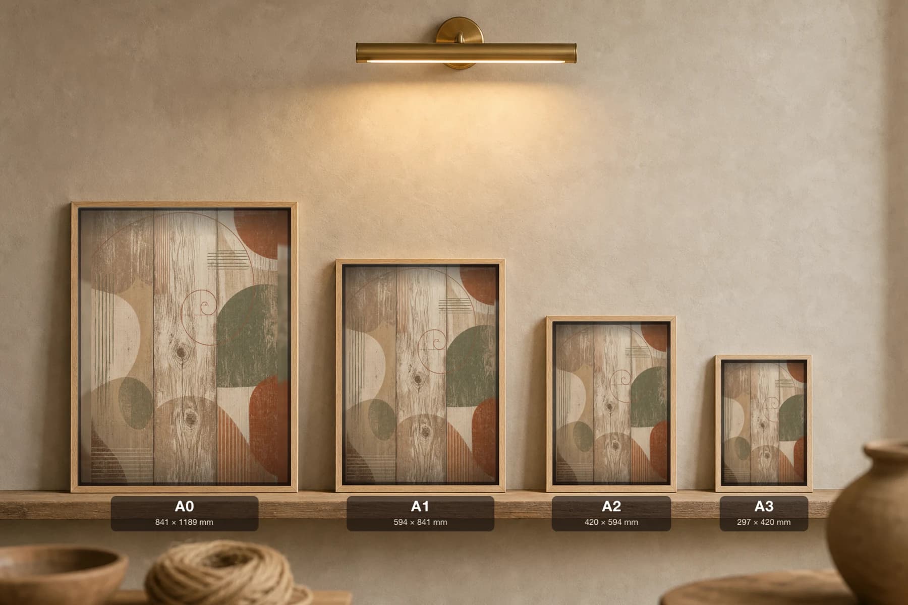 Barn Wood Grain Vertical Print — Earthy Minimalism Abstract Wall Art · framed A2 — print size guide showing the artwork at A0, A1, A2 and A3 in natural-oak frames at true relative scale