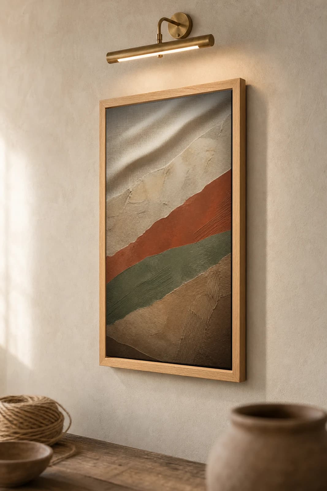 Linen Fold Study Print — Earthy Minimalism Abstract Wall Art · framed A2 — the framed print shown at a three-quarter angle on a styled gallery wall in a natural-oak frame