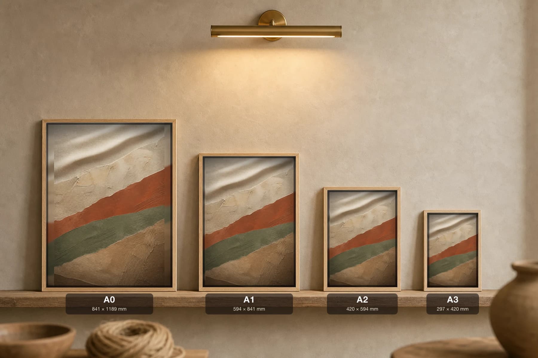 Linen Fold Study Print — Earthy Minimalism Abstract Wall Art · framed A2 — print size guide showing the artwork at A0, A1, A2 and A3 in natural-oak frames at true relative scale