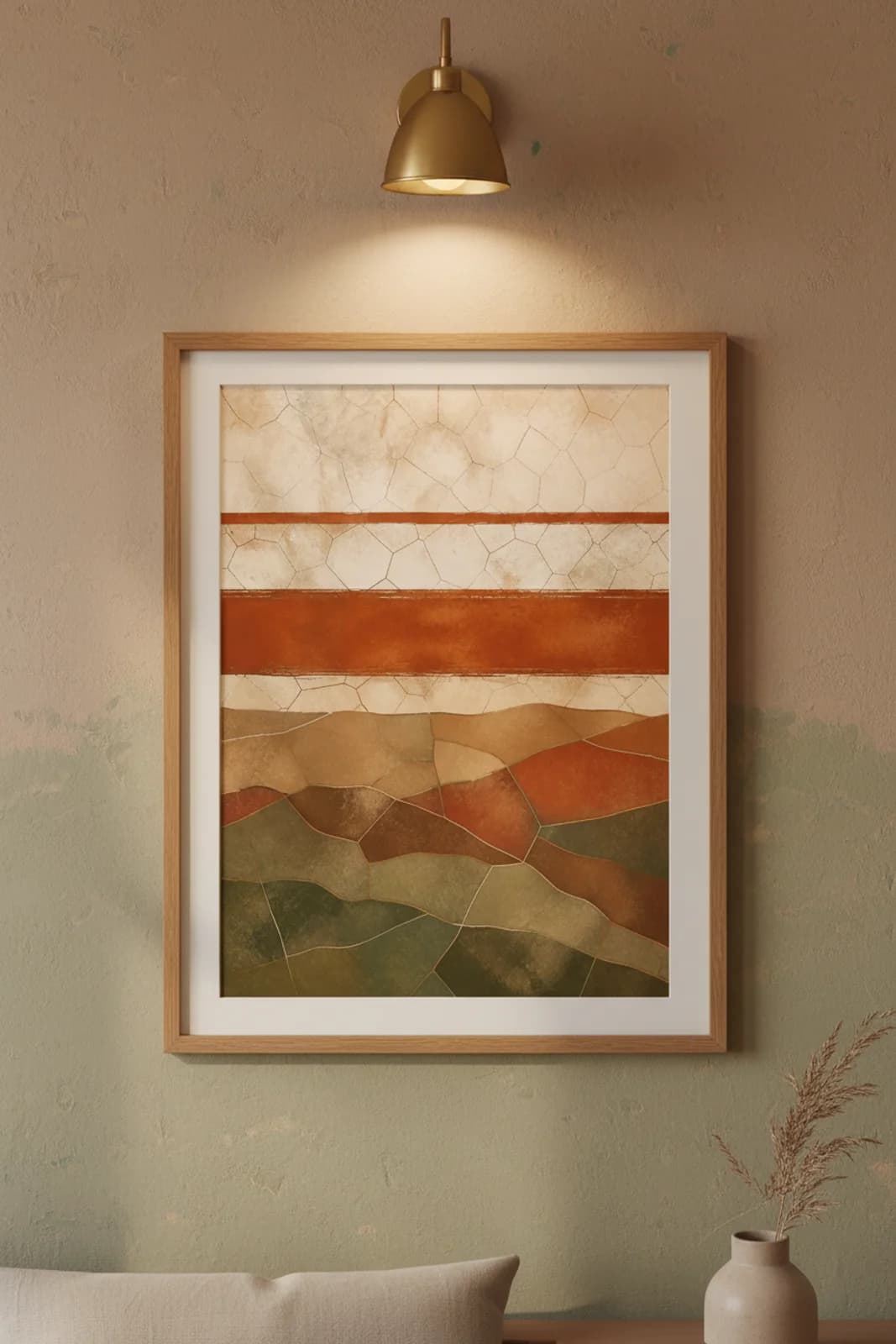 Ochre Horizon Three Lines earthy minimalist print in natural_oak A2 frame on terracotta-red clay wall — Earthy Minimalism mockup