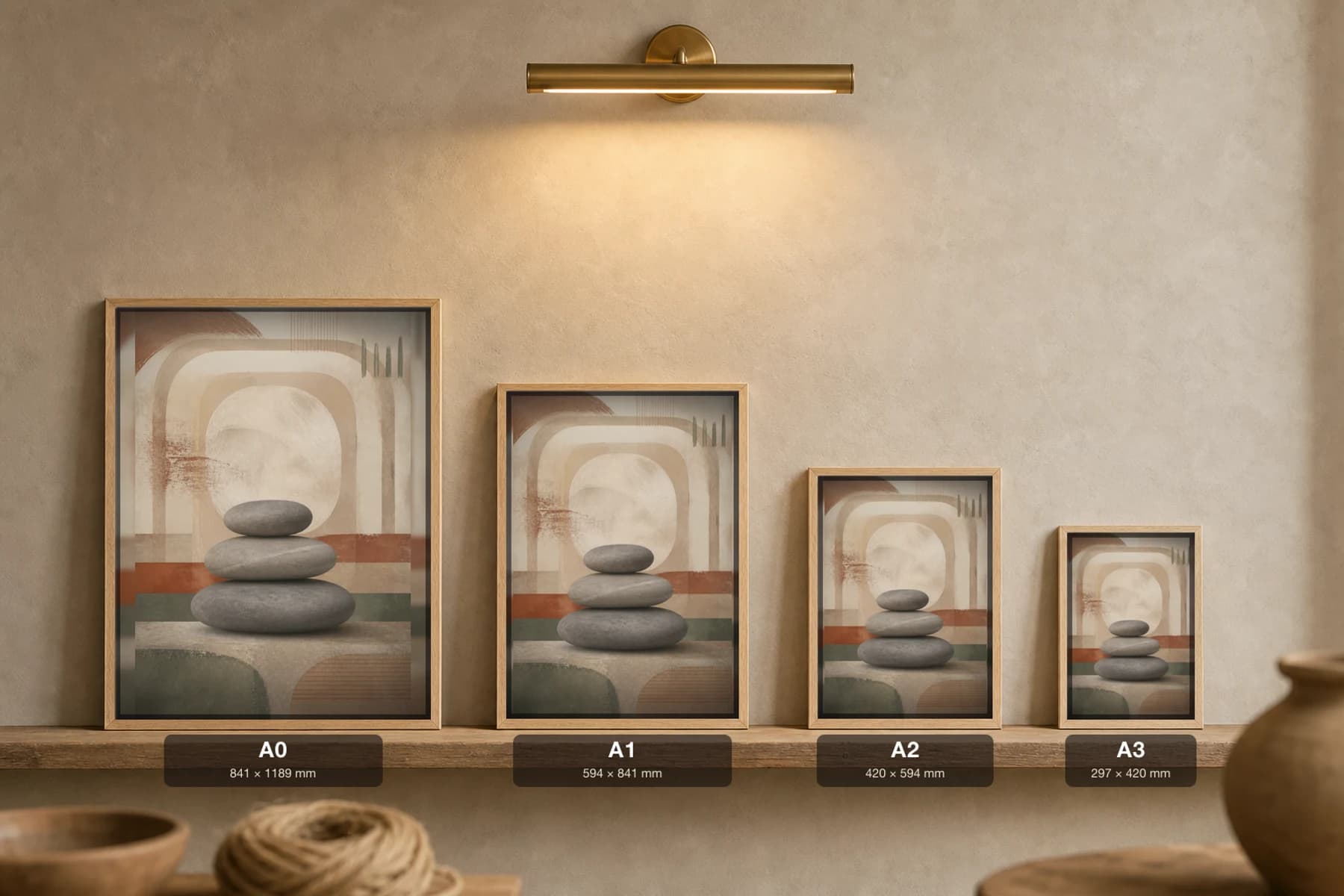 River Stone Stack Print — Earthy Minimalism Abstract Wall Art · framed A2 — print size guide showing the artwork at A0, A1, A2 and A3 in natural-oak frames at true relative scale