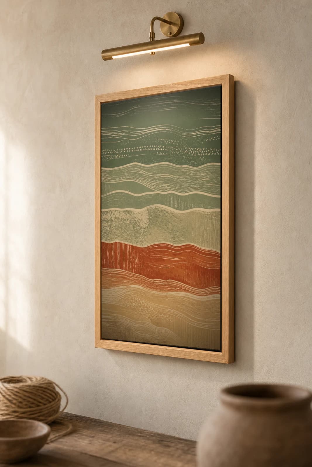 Sage Striation Bands Print — Earthy Minimalism Abstract Wall Art · framed A2 — the framed print shown at a three-quarter angle on a styled gallery wall in a natural-oak frame