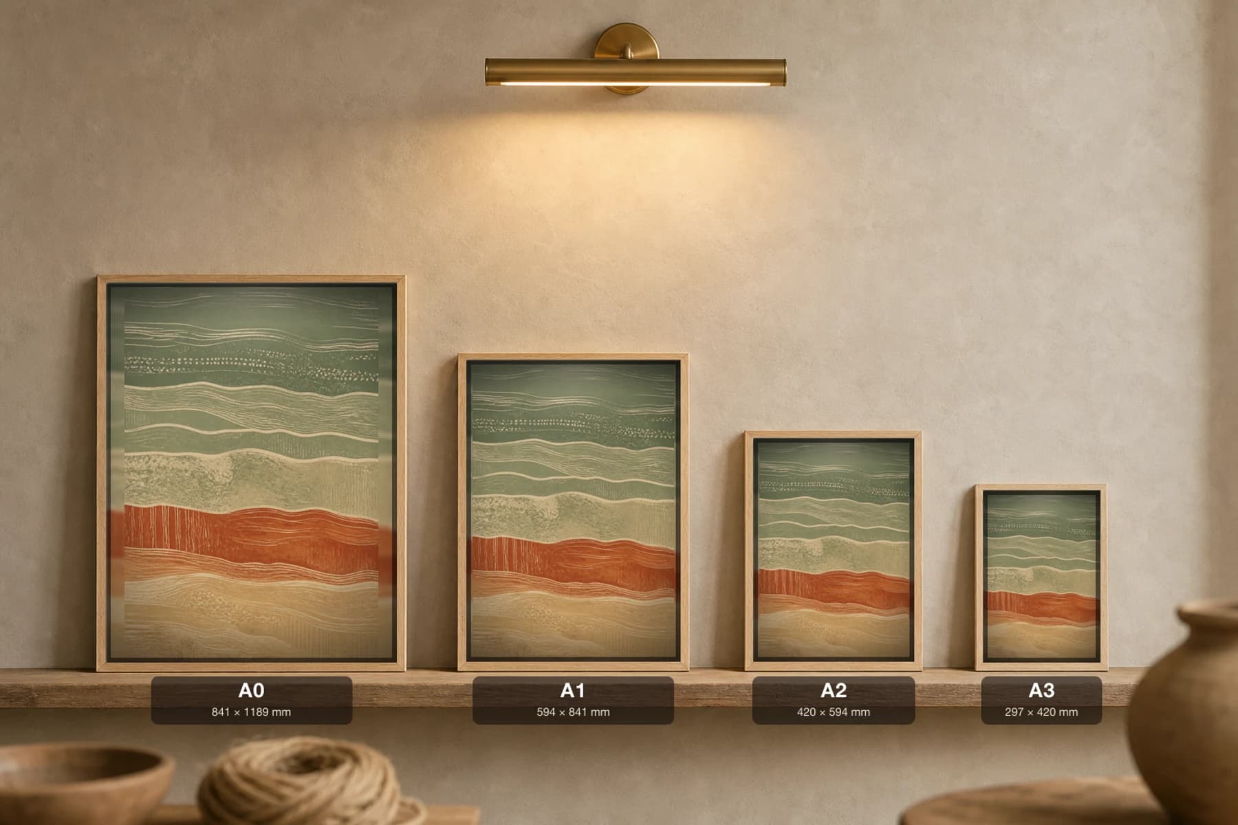 Sage Striation Bands Print — Earthy Minimalism Abstract Wall Art · framed A2 — print size guide showing the artwork at A0, A1, A2 and A3 in natural-oak frames at true relative scale
