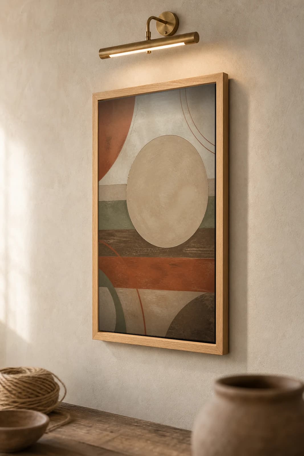 Unfired Ceramic Circle Print — Earthy Minimalism Abstract Wall Art · framed A2 — the framed print shown at a three-quarter angle on a styled gallery wall in a natural-oak frame