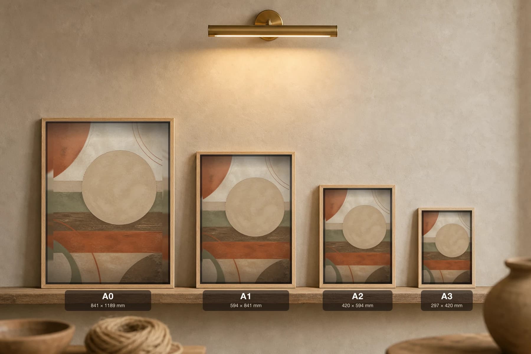 Unfired Ceramic Circle Print — Earthy Minimalism Abstract Wall Art · framed A2 — print size guide showing the artwork at A0, A1, A2 and A3 in natural-oak frames at true relative scale