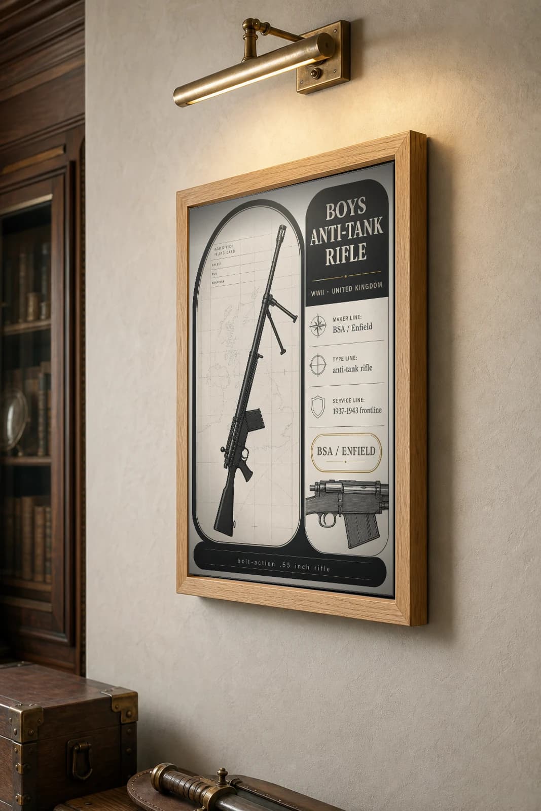 Boys Anti-Tank Rifle Poster — WWII Armoury Specimen Print · framed A2 — the framed print shown at a three-quarter angle on a styled gallery wall in a natural-oak frame