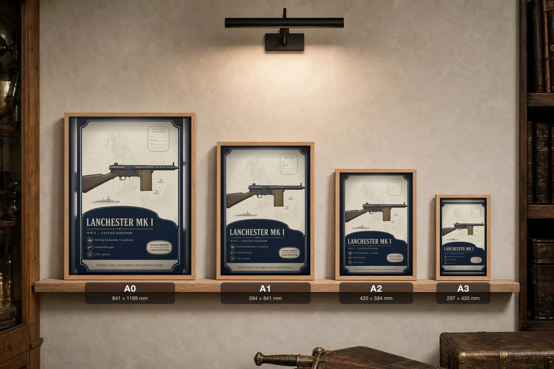 Lanchester Mk I Poster — WWII Armoury Specimen Print · framed A2 — print size guide showing the artwork at A0, A1, A2 and A3 in natural-oak frames at true relative scale