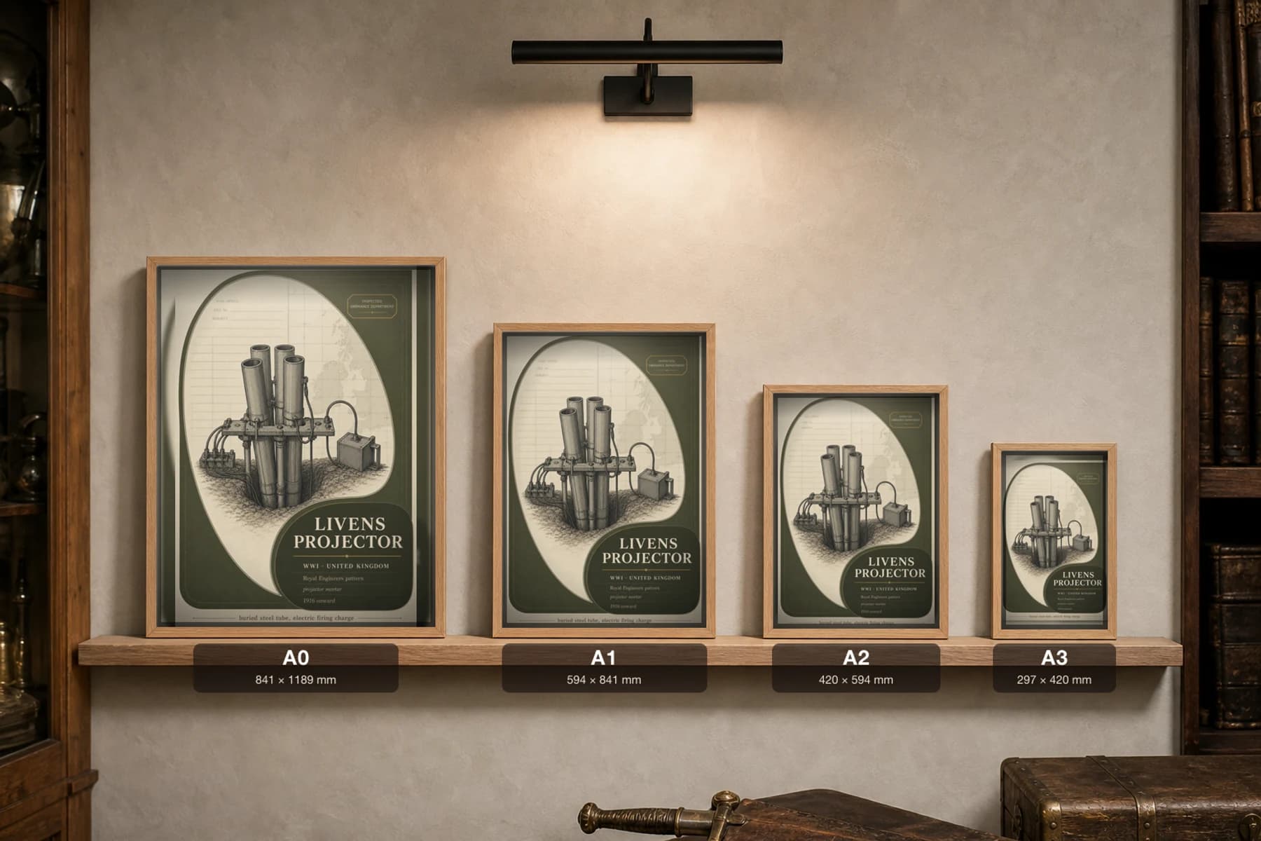 Livens Projector Poster — WWI Armoury Specimen Print · framed A2 — print size guide showing the artwork at A0, A1, A2 and A3 in natural-oak frames at true relative scale