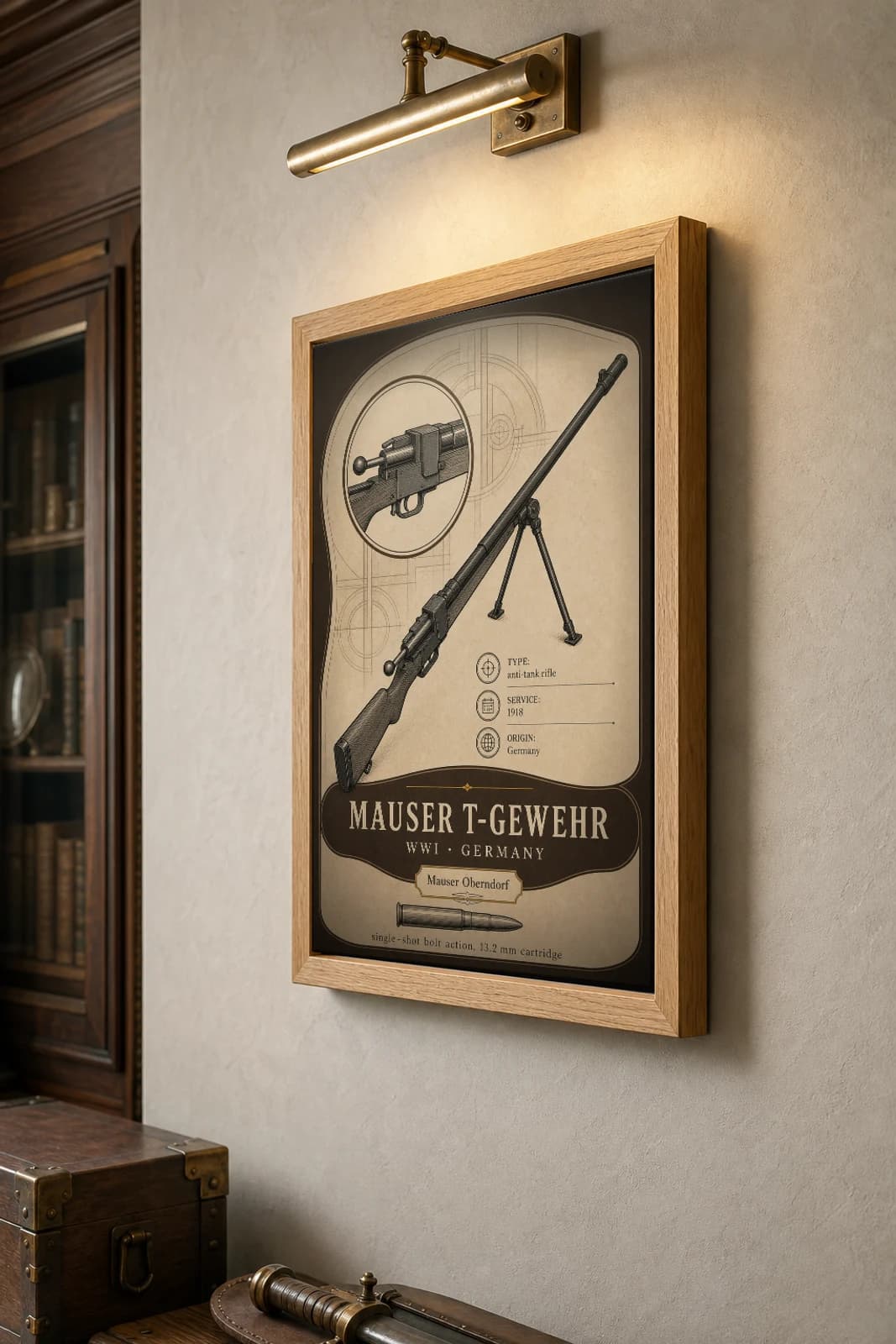 Mauser T-Gewehr Poster — WWI Armoury Specimen Print · framed A2 — the framed print shown at a three-quarter angle on a styled gallery wall in a natural-oak frame