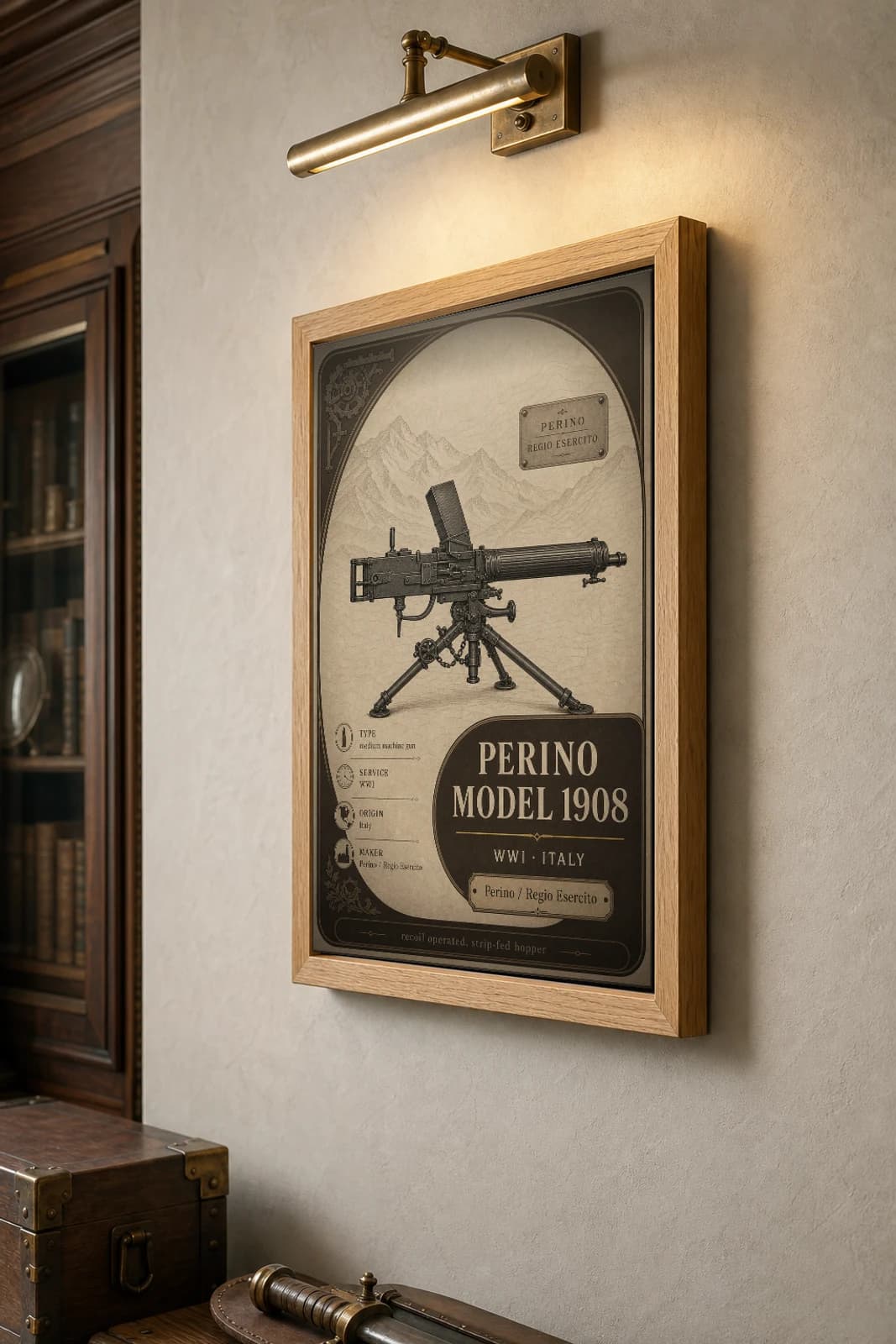 Perino Model 1908 Poster — WWI Armoury Specimen Print · framed A2 — the framed print shown at a three-quarter angle on a styled gallery wall in a natural-oak frame