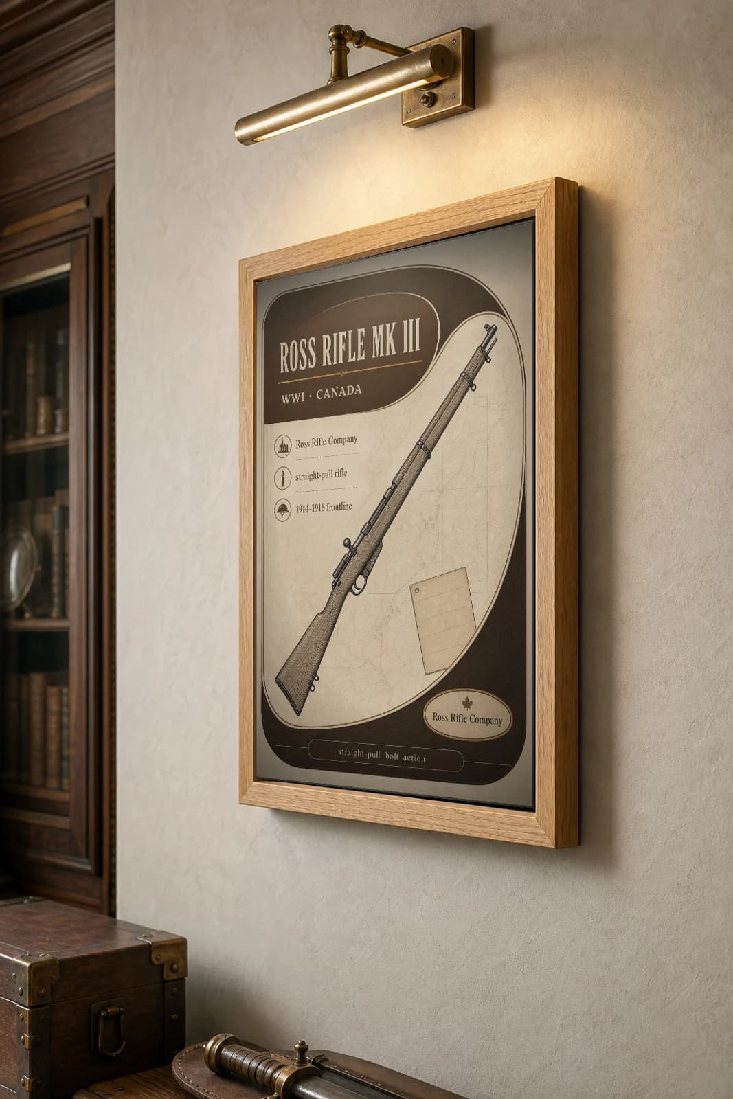 Ross Rifle Mk III Poster — WWI Armoury Specimen Print · framed A2 — the framed print shown at a three-quarter angle on a styled gallery wall in a natural-oak frame