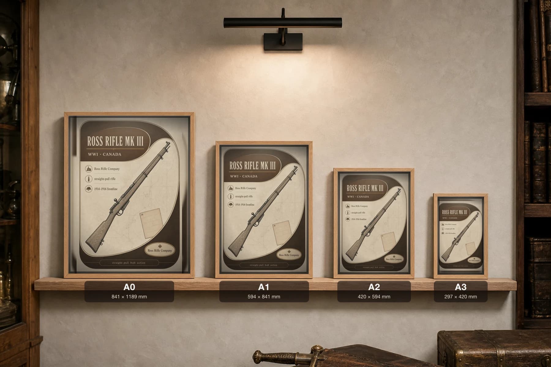 Ross Rifle Mk III Poster — WWI Armoury Specimen Print · framed A2 — print size guide showing the artwork at A0, A1, A2 and A3 in natural-oak frames at true relative scale