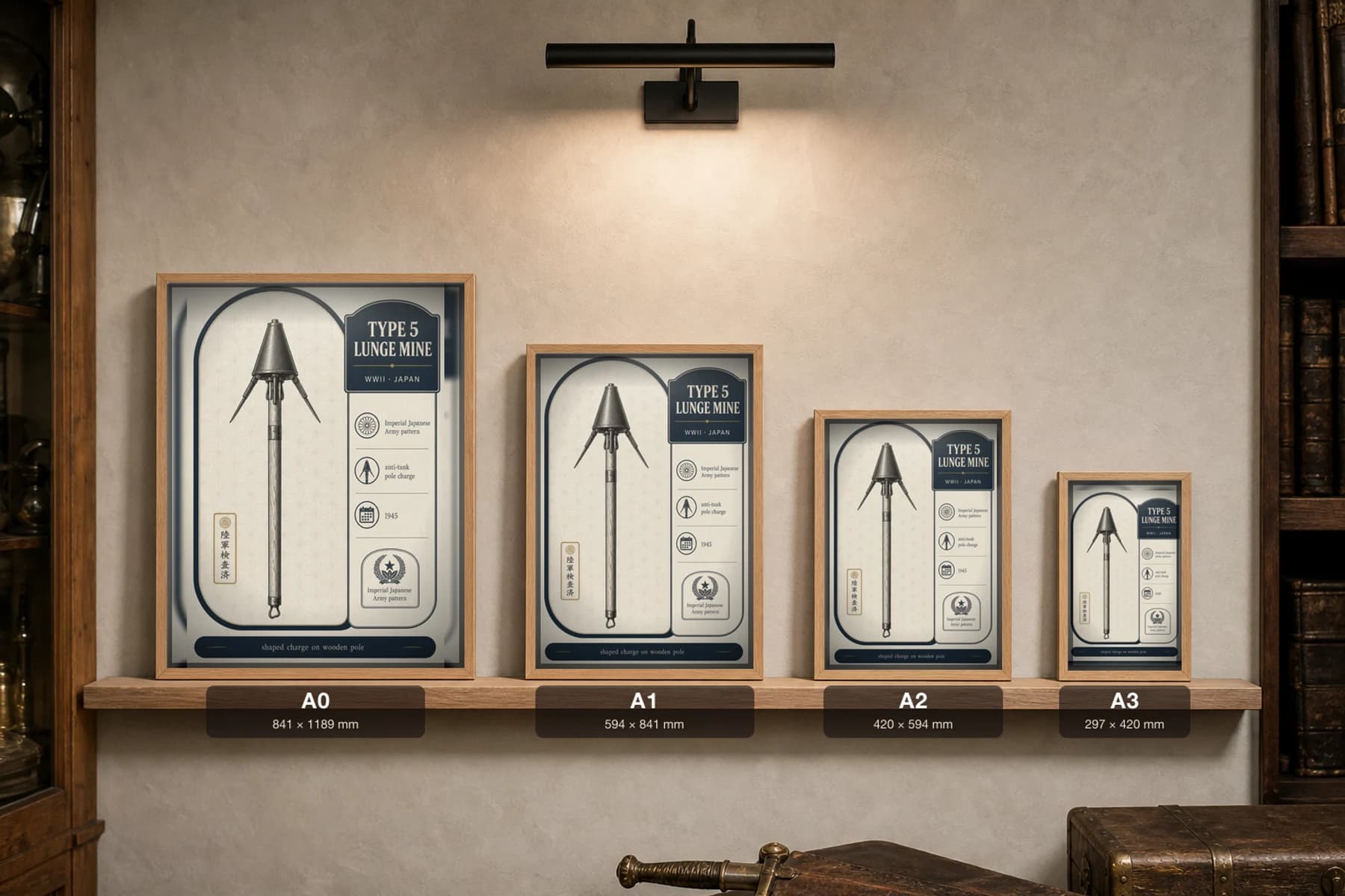 Type 5 Lunge Mine Poster — WWII Armoury Specimen Print · framed A2 — print size guide showing the artwork at A0, A1, A2 and A3 in natural-oak frames at true relative scale