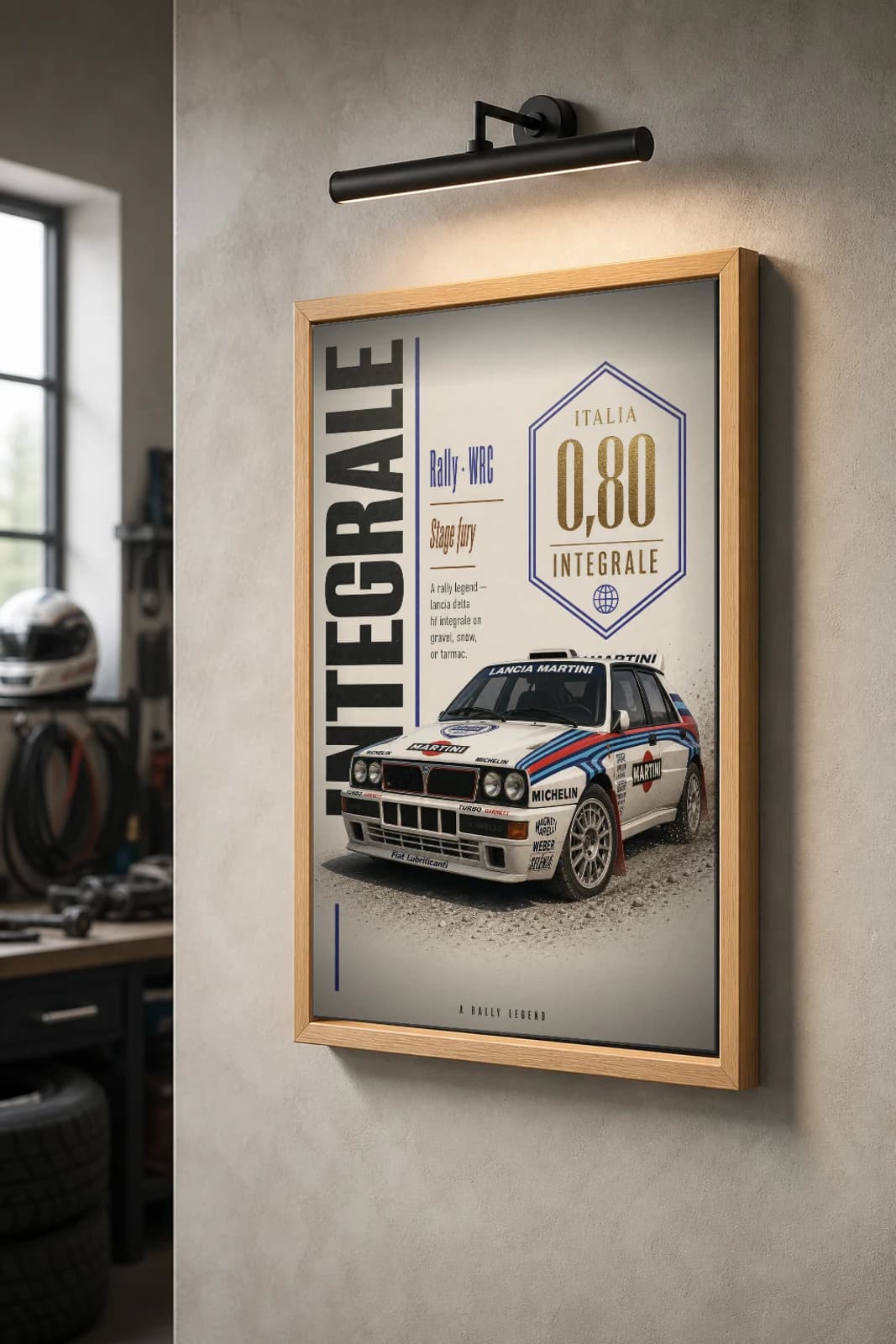 Lancia Delta HF Integrale Poster — 1988 Group B / WRC Rally Wall Art · framed A2 — the framed print shown at a three-quarter angle on a styled gallery wall in a natural-oak frame