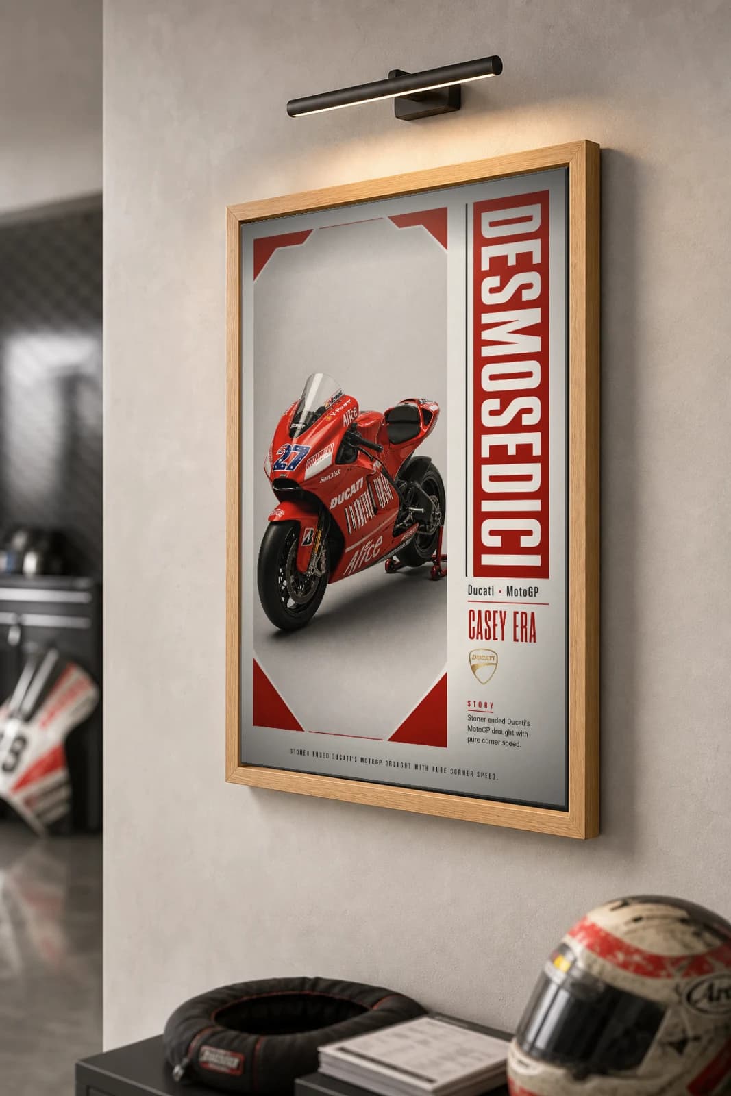 Ducati DESMOSEDICI — Casey Stoner Poster — Heritage MotoGP Legends Motorcycle Wall Art · framed A2 — the framed print shown at a three-quarter angle on a styled gallery wall in a natural-oak frame