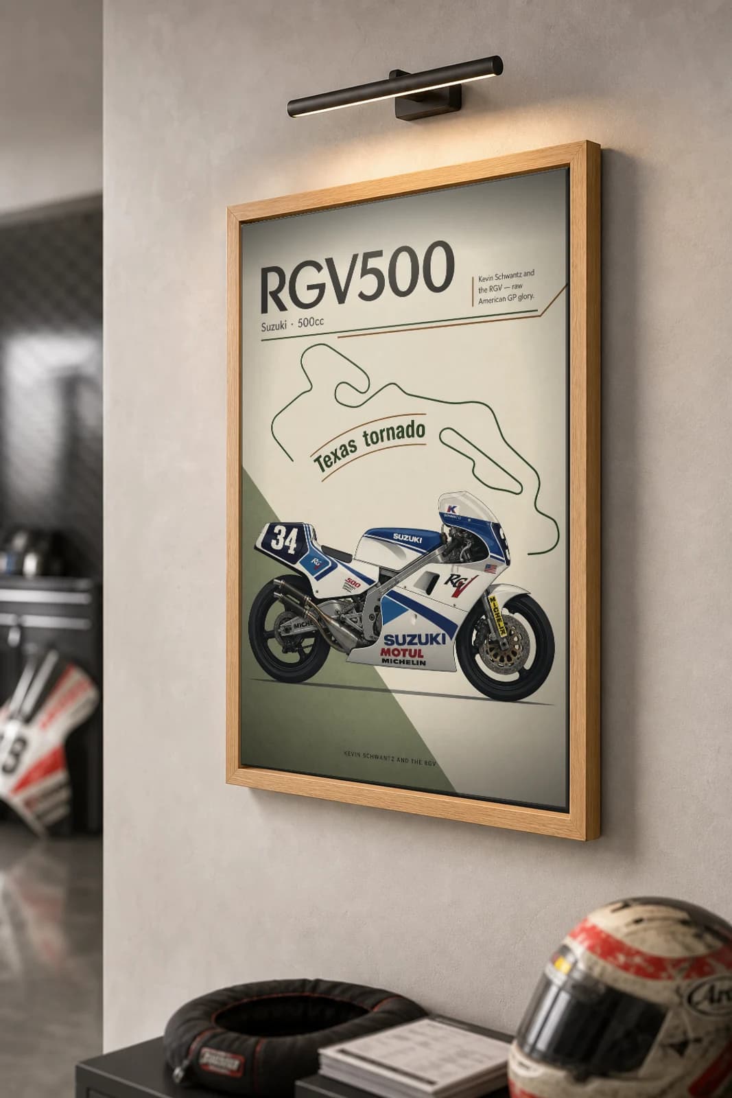 Suzuki RGV500 — Kevin Schwantz Poster — Heritage MotoGP Legends Motorcycle Wall Art · framed A2 — the framed print shown at a three-quarter angle on a styled gallery wall in a natural-oak frame