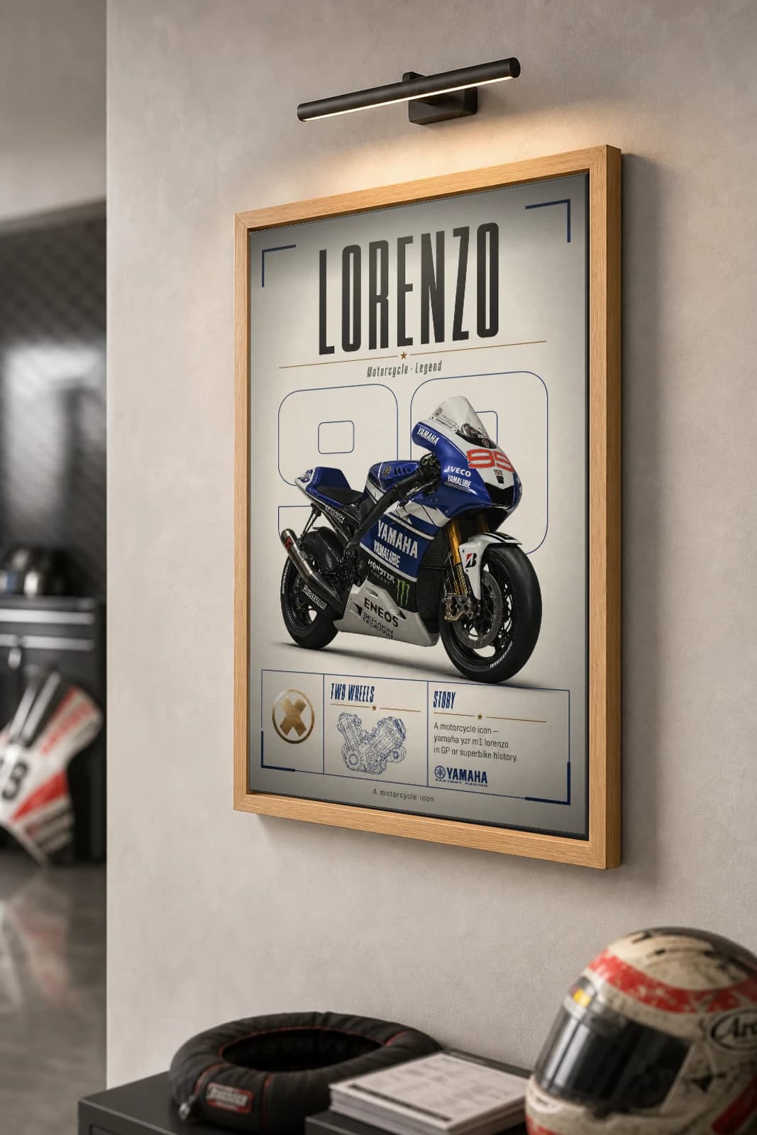 Yamaha YZR M1 — Jorge Lorenzo Poster — Heritage MotoGP Legends Motorcycle Wall Art · framed A2 — the framed print shown at a three-quarter angle on a styled gallery wall in a natural-oak frame