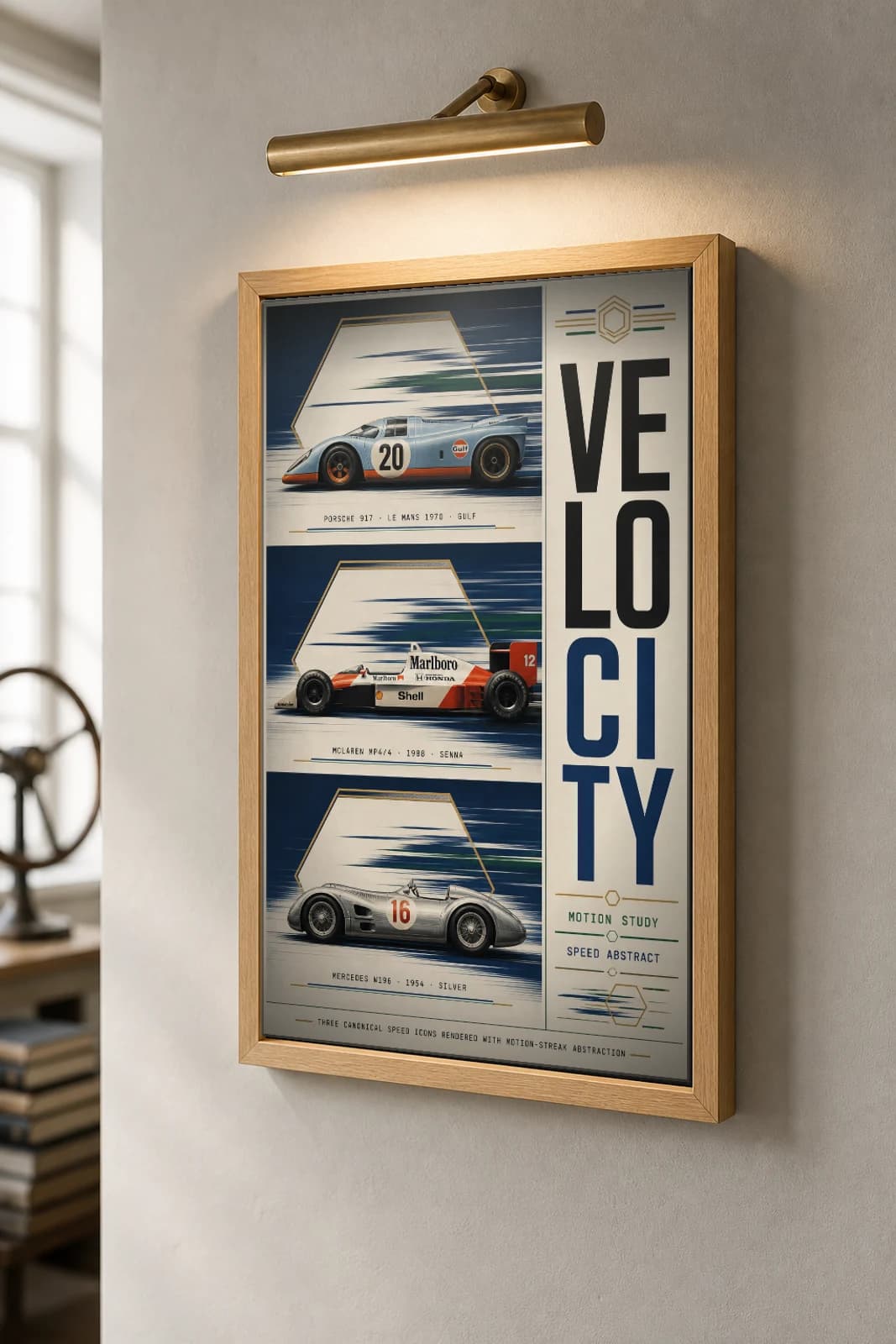 Velocity Three-Panel Poster — gallery wall art set · framed A2 — the framed print shown at a three-quarter angle on a styled gallery wall in a natural-oak frame