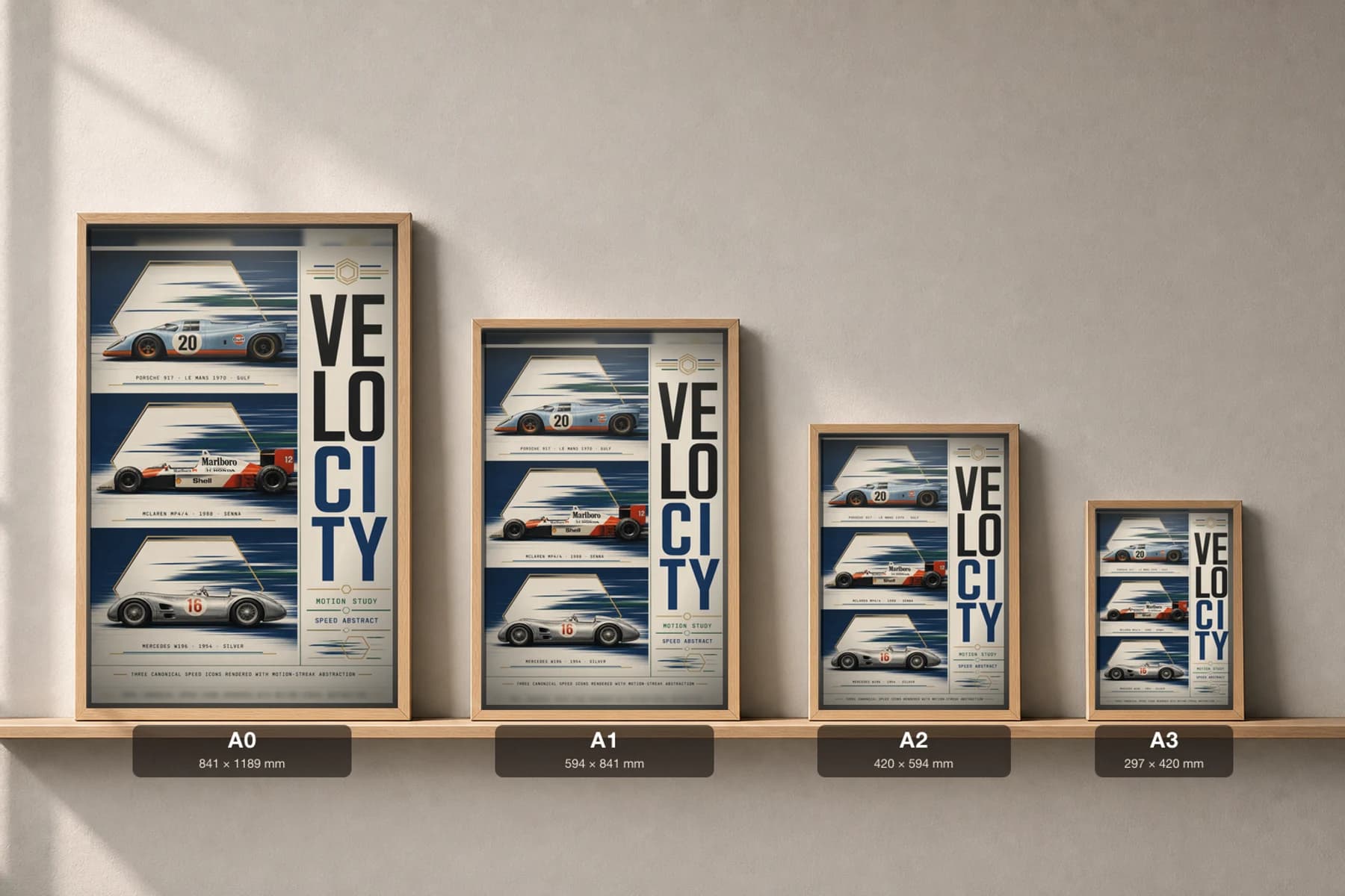 Velocity Three-Panel Poster — gallery wall art set · framed A2 — print size guide showing the artwork at A0, A1, A2 and A3 in natural-oak frames at true relative scale