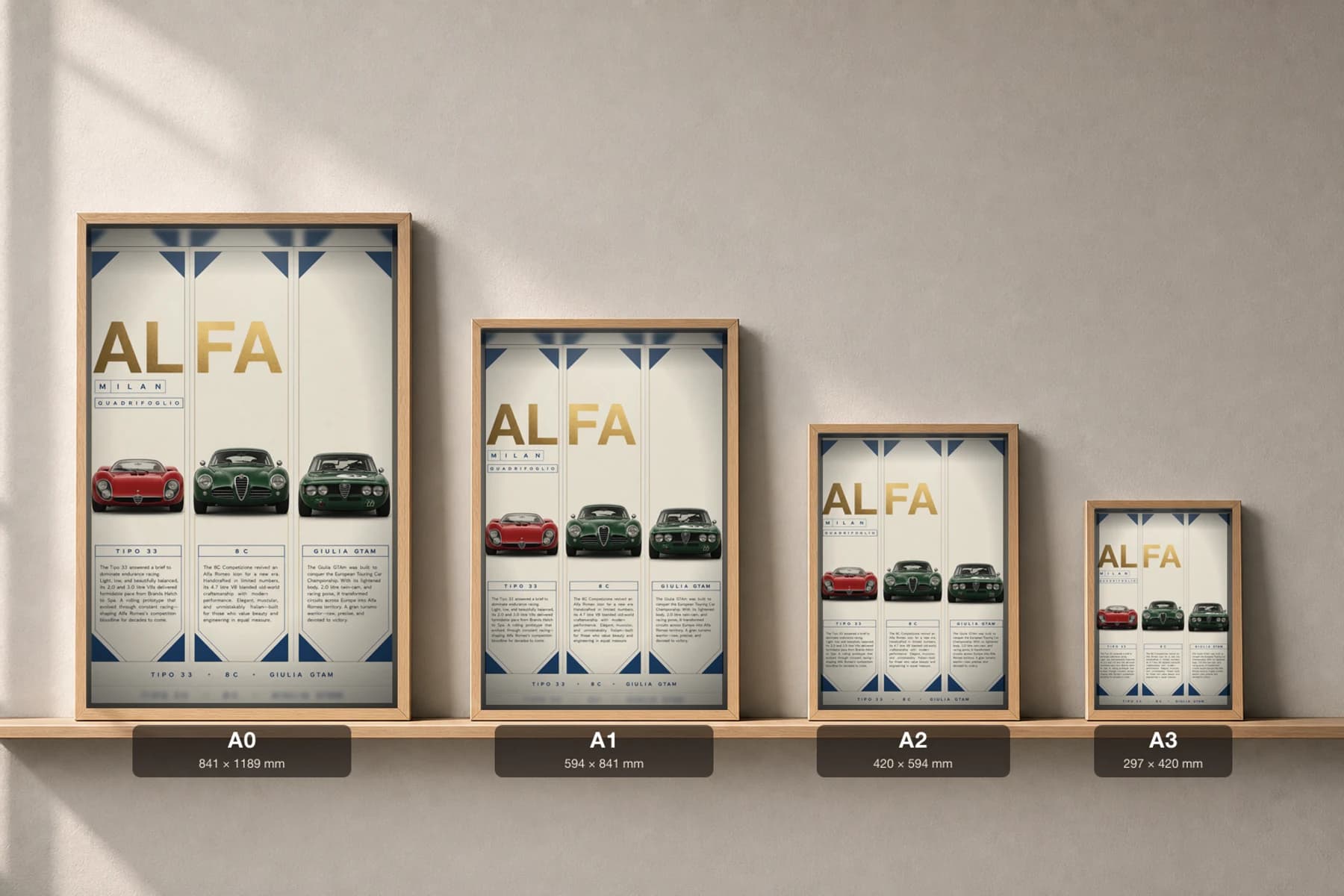 Alfa Romeo Tipo 33 / 8C Competizione / Giulia GTAm Poster — endurance prototype · supercar · touring car WEC racing wall art · #23 · framed A2 — print size guide showing the artwork at A0, A1, A2 and A3 in natural-oak frames at true relative scale