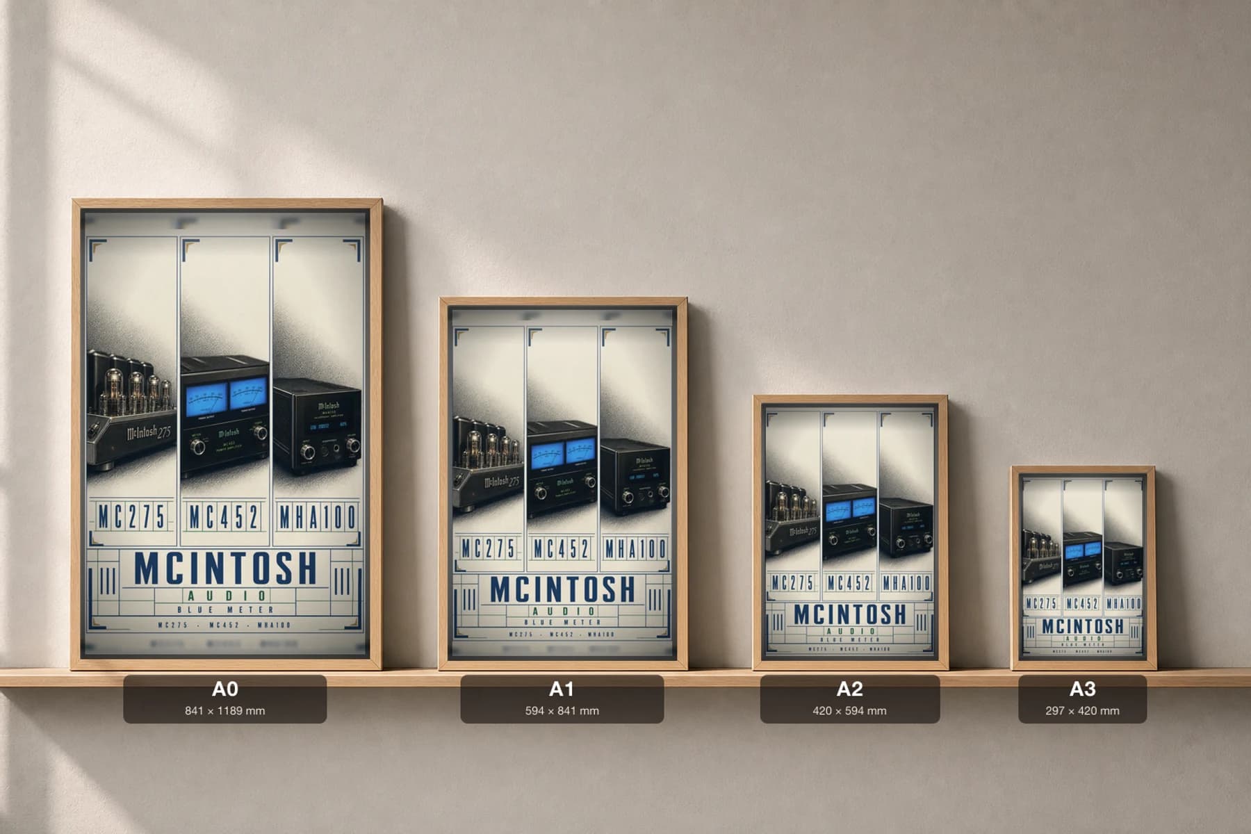 McIntosh Audiophile Heritage — MC275, MC452, MHA100 Poster — classic car classic car wall art · framed A2 · garage decor — print size guide showing the artwork at A0, A1, A2 and A3 in natural-oak frames at true relative scale