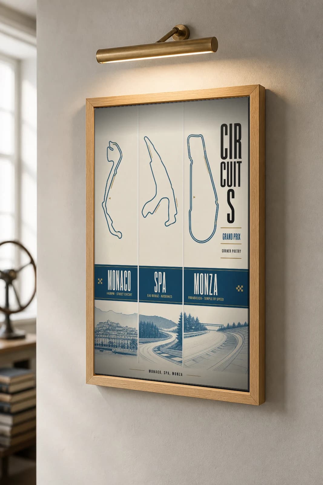 Classic Circuits — Monaco, Spa, Monza Poster — Monaco · Belgium · Italy circuit map wall art · Formula 1 track layout · framed A2 — the framed print shown at a three-quarter angle on a styled gallery wall in a natural-oak frame