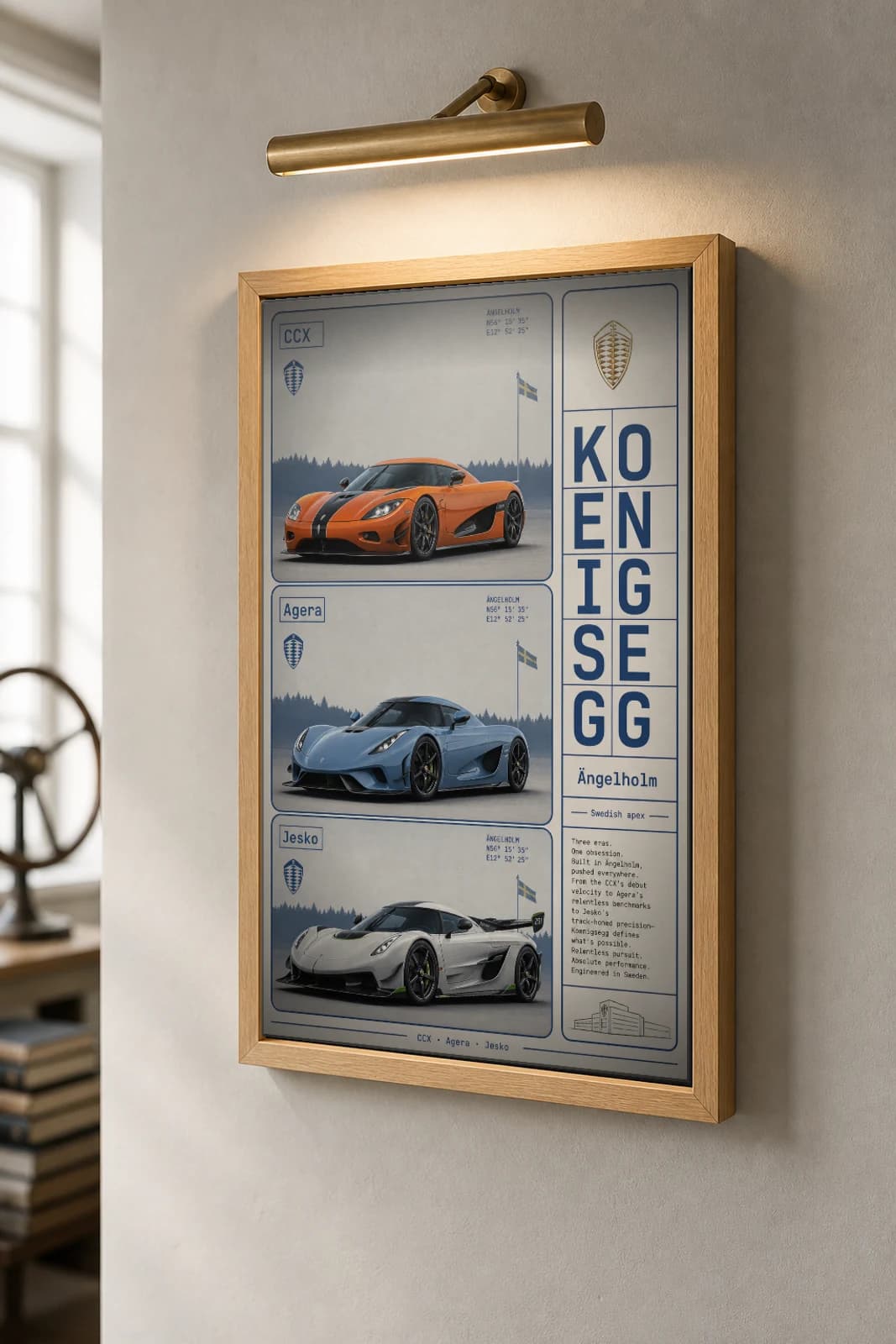 Koenigsegg CCX / Agera / Jesko Poster — hypercar WEC racing wall art · #— · framed A2 — the framed print shown at a three-quarter angle on a styled gallery wall in a natural-oak frame