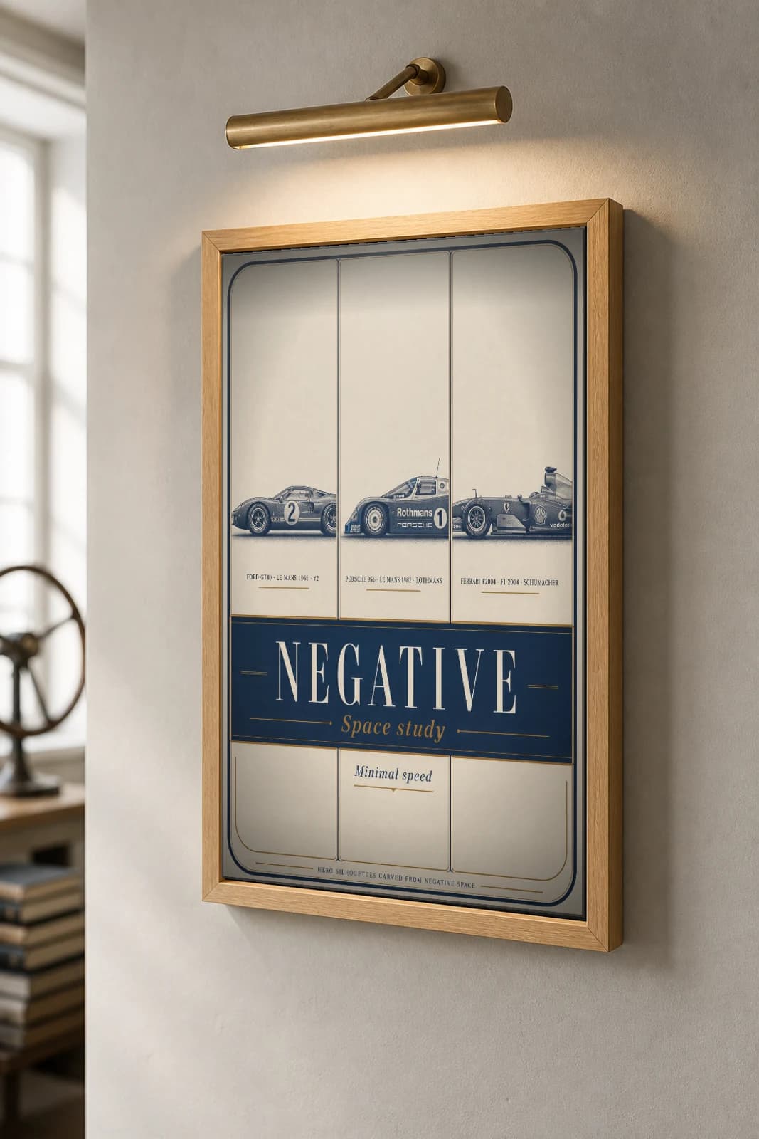 NEGATIVE Three-Panel Poster — gallery wall art set · framed A2 — the framed print shown at a three-quarter angle on a styled gallery wall in a natural-oak frame