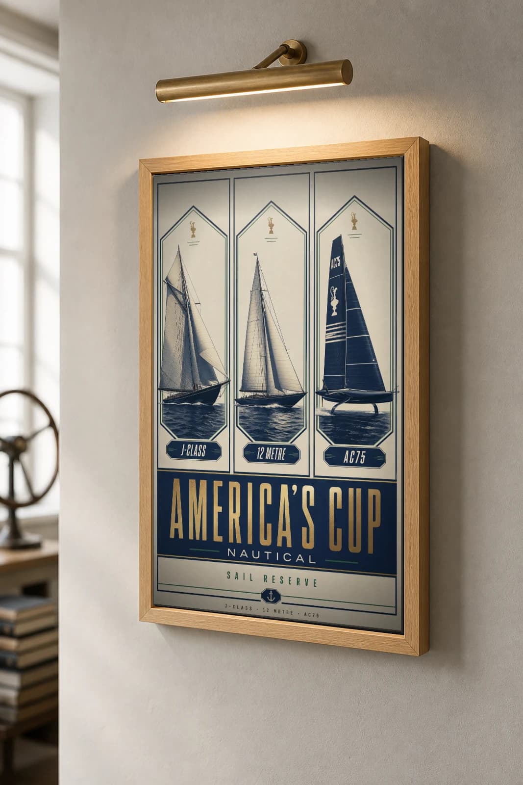 America's Cup Sailing Heritage — J-Class, 12 Metre, AC75 Poster — classic car classic car wall art · framed A2 · garage decor — the framed print shown at a three-quarter angle on a styled gallery wall in a natural-oak frame